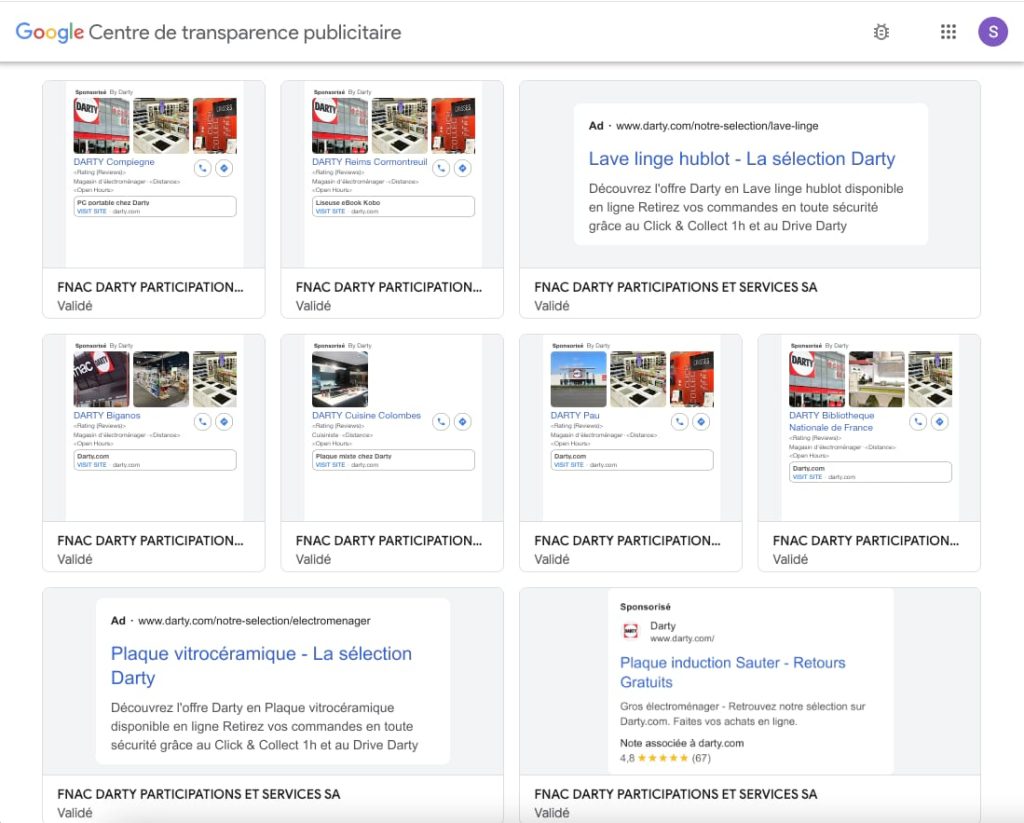 google-centre-transparence-publicitaire-exemple-darty