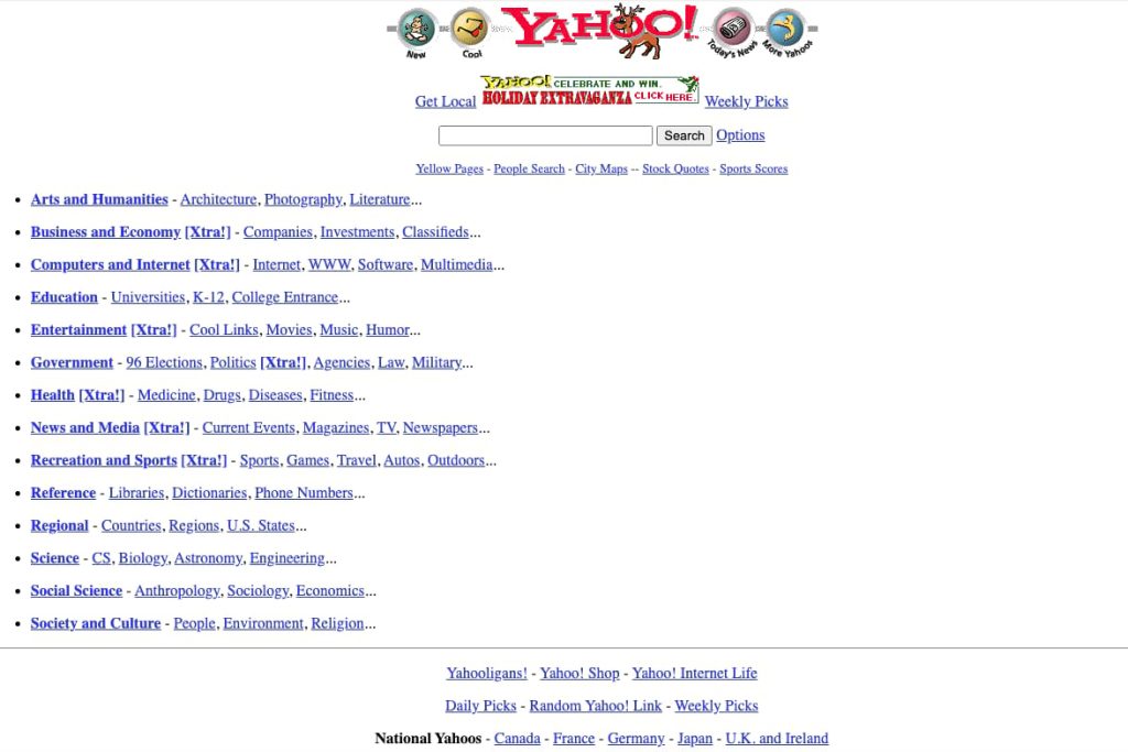 Page d'accueil de Yahoo! en 1996