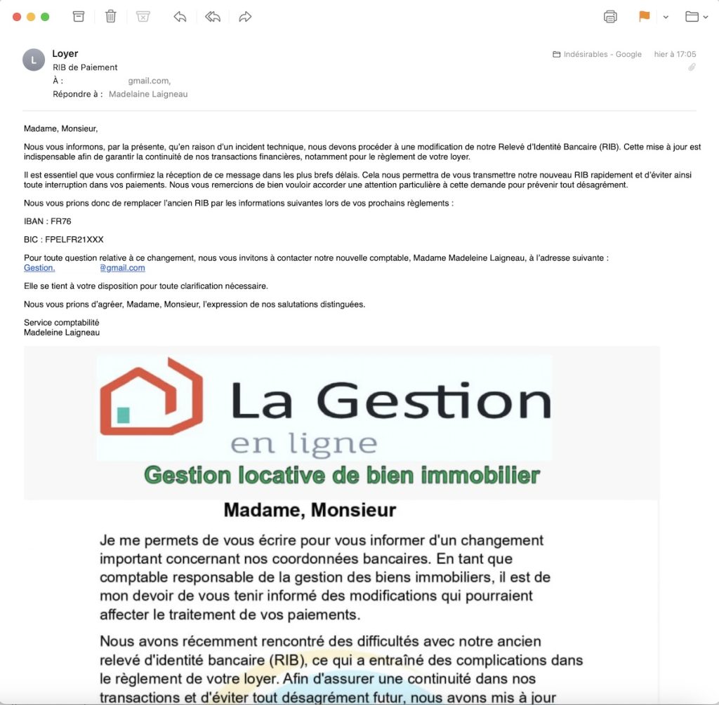 Capture d'écran du mail arnaque reçu le 23 octobre 2024 à propos du changement de RIB